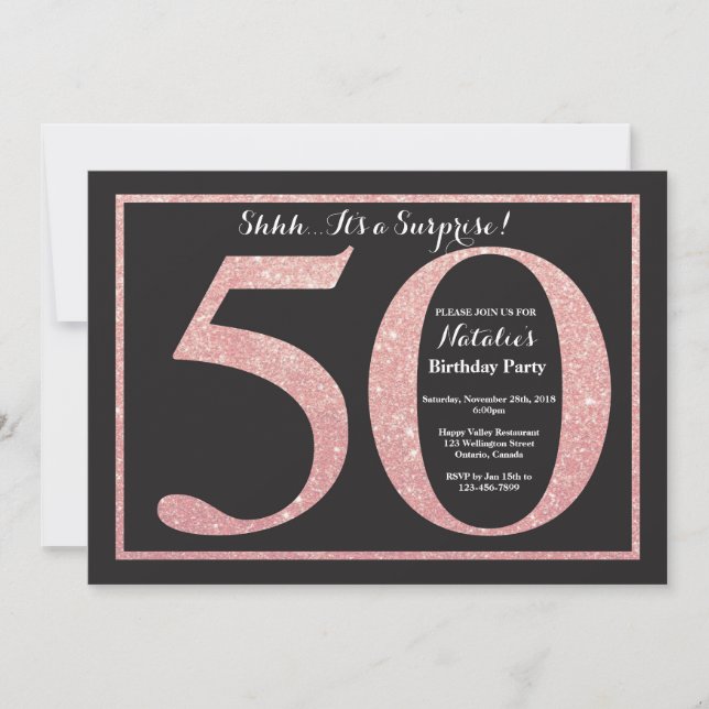 Surprise 50th Birthday Rose Pink Gold Glitter Invitation (Front)