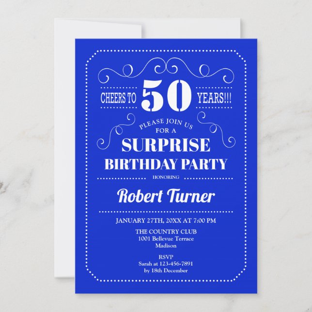 Surprise 50th Birthday - Royal Blue Invitation (Front)