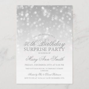 Surprise 50th Birthday Silver Bokeh Sparkle Lights Invitation