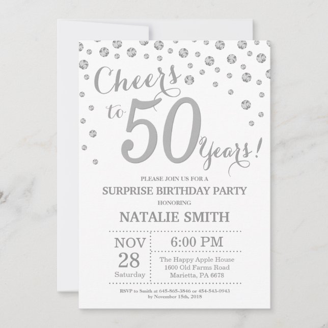 Surprise 50th Birthday Silver Glitter Diamond Invitation (Front)
