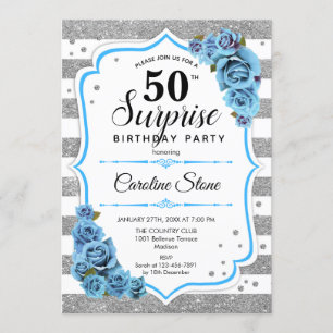 Surprise 50th Birthday - Silver White Blue Invitation