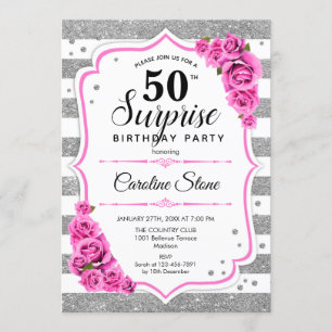 Surprise 50th Birthday - Silver White Pink Invitation