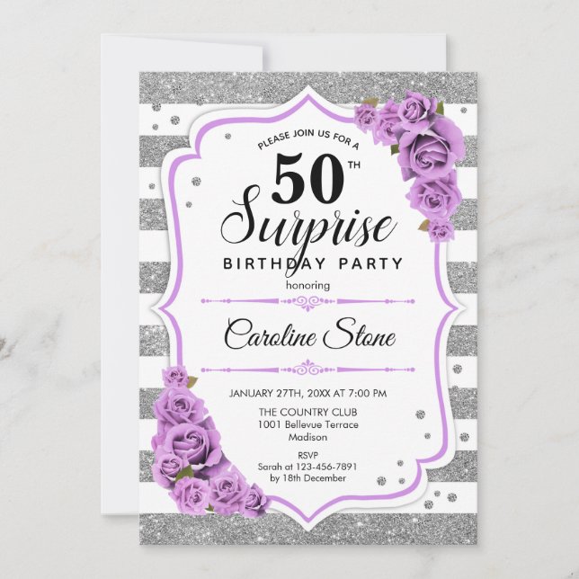 Surprise 50th Birthday - Silver White Purple Invitation (Front)