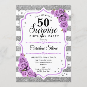 Surprise 50th Birthday - Silver White Purple Invitation