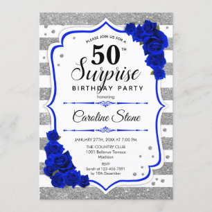 Surprise 50th Birthday - Silver White Royalty Blue Invitation