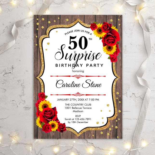 Surprise 50th Birthday - Sunflowers Rustic Wood Invitation (Creator Uploaded)