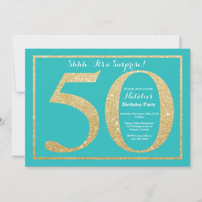 Surprise 50th Birthday Teal and Gold Glitter Invitation (Front)