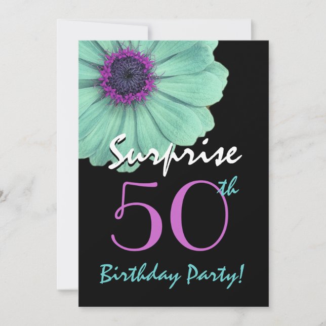 Surprise 50th Birthday Turquoise and Purple Daisy Invitation (Front)
