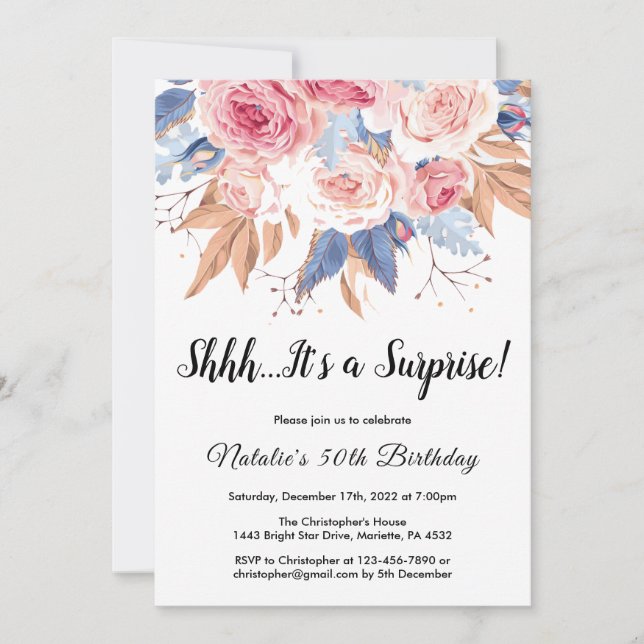 Surprise 50th Birthday Watercolor Botanical Floral Invitation (Front)