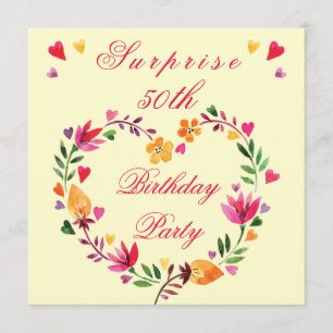 Surprise 50th Birthday Watercolor Floral Heart Invitation
