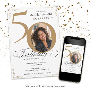 Surprise 50th Birthday White Gold Custom Photo Invitation