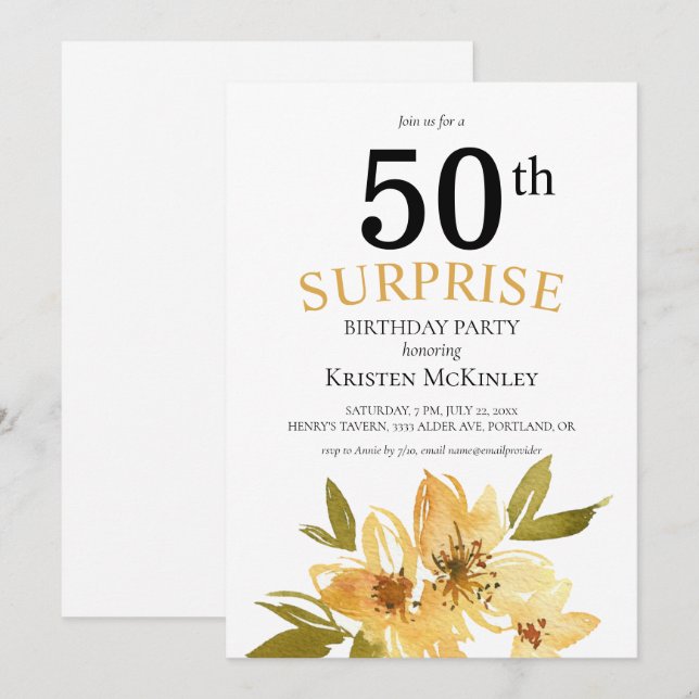 Surprise 50th Black Yellow Floral Birthday Invitation (Front/Back)