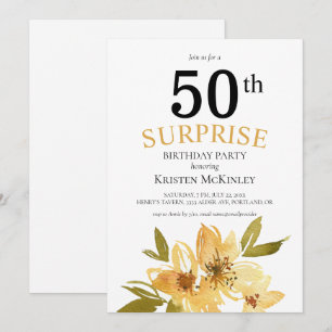 Surprise 50th Black Yellow Floral Birthday Invitation