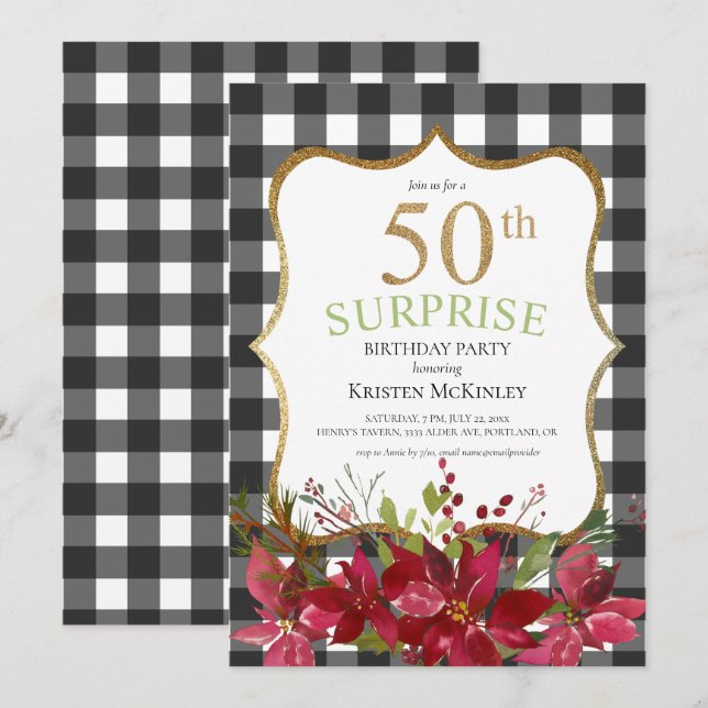 Surprise 50th Buffalo Plaid Red Flowers Birthday Invitation (Front/Back)