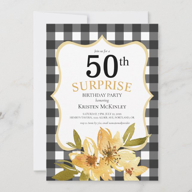Surprise 50th Buffalo Plaid Yellow Floral Birthday Invitation (Front)