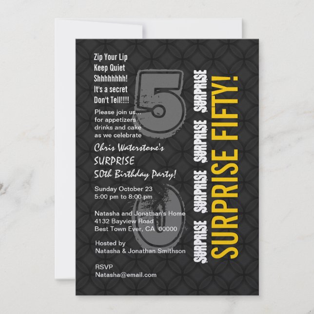 SURPRISE 50th Modern Birthday Charcoal Gold W002 Invitation (Front)