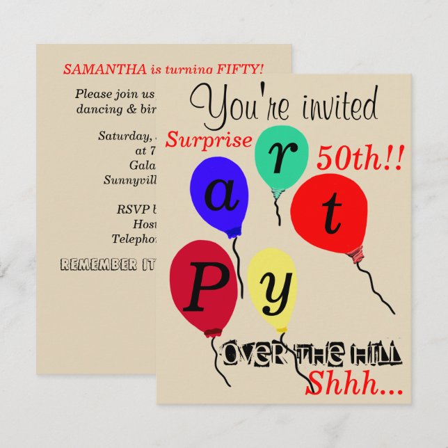 Surprise 50th Over the Hill Balloons  Invitation (Front/Back)