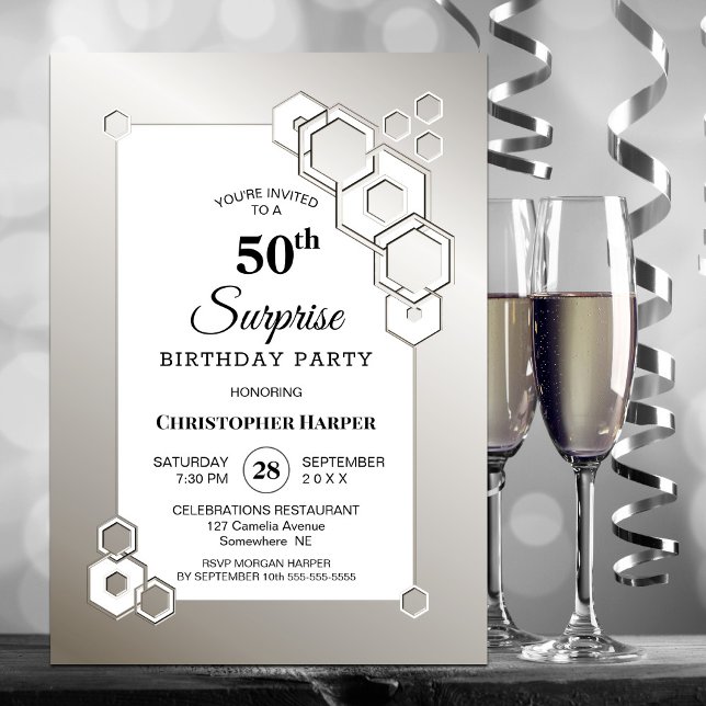 Surprise 50th Silver Geometric Birthday Party Invitation (Creator Uploaded)