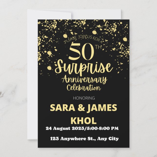 Surprise 50th Wedding Anniversary - Black & Gold Invitation (Front)