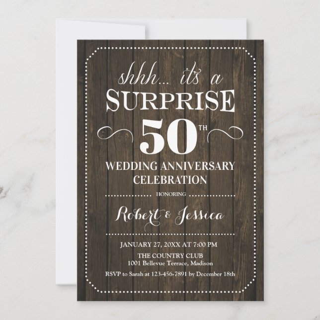 Surprise 50th Wedding Anniversary - Rustic Wood Invitation (Front)