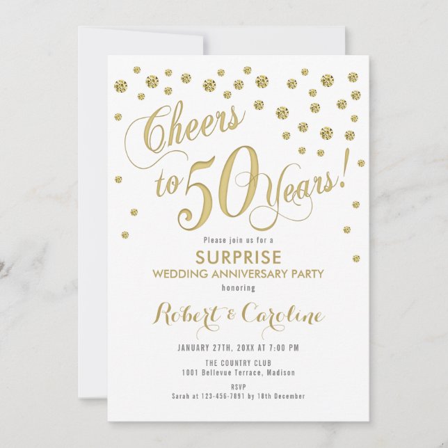 Surprise 50th Wedding Anniversary - White & Gold Invitation (Front)