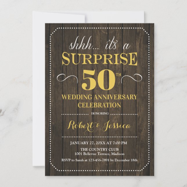 Surprise 50th Wedding Anniversary - Wood Gold Invitation (Front)