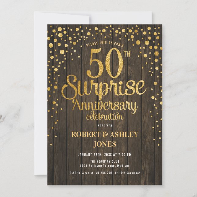 Surprise 50th Wedding Anniversary - Wood & Gold Invitation (Front)
