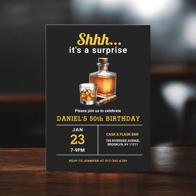 Surprise 50th Whiskey Cigar Bourbon Birthday Party Invitation (Creator Uploaded)