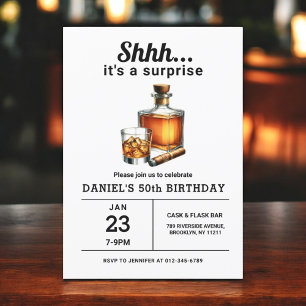 Surprise 50th Whiskey Cigar Bourbon Birthday Party Invitation