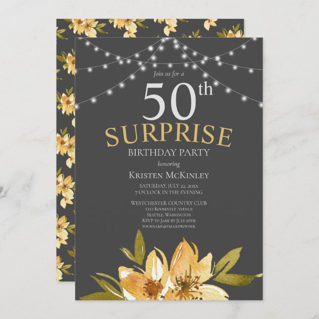 Surprise 50th Yellow Floral Birthday Party Invitat Invitation (Front/Back)