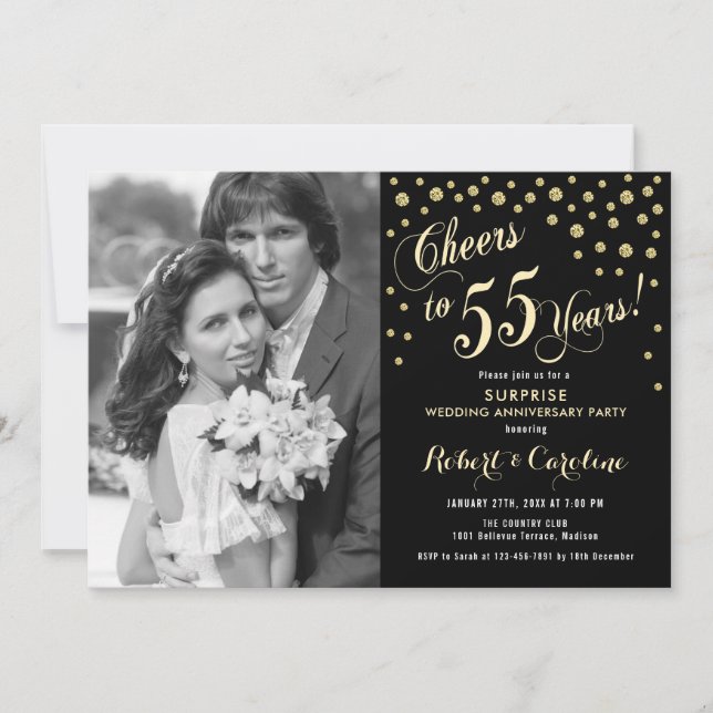 Surprise 55th Anniversary with Photo - Gold Black Invitation (Front)