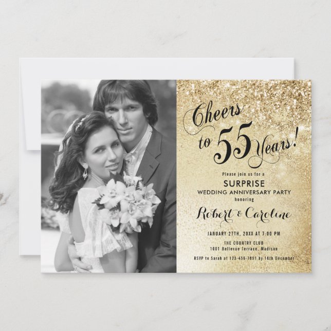 Surprise 55th Anniversary with Photo - Gold Invitation (Front)