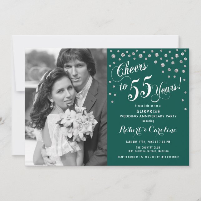 Surprise 55th Anniversary with Photo Silver Green Invitation (Front)