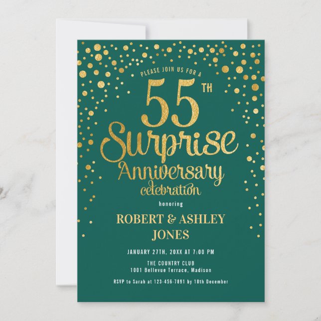 Surprise 55th Wedding Anniversary - Green & Gold Invitation (Front)