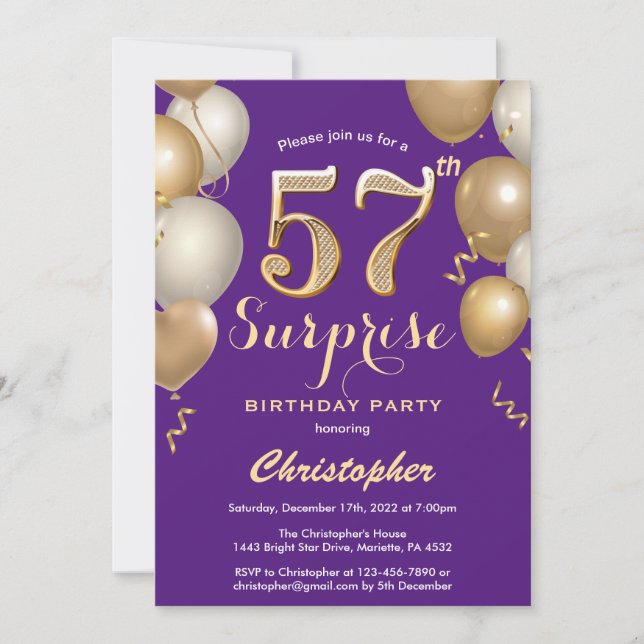 Surprise 57th Birthday Purple and Gold Balloons Invitation (Front)