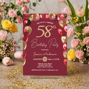 Surprise 58th Birthday Party Gold Burgundy Glitter Invitation