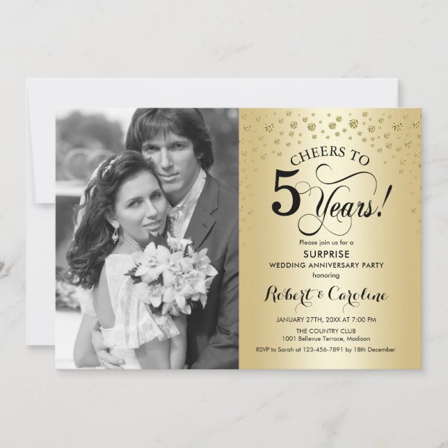 Surprise 5th Anniversary with Photo Gold Black Invitation (Front)