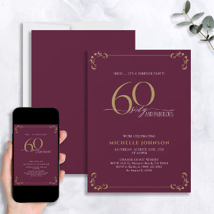 Surprise 60 & Fabulous Burgundy & Gold Birthday Invitation