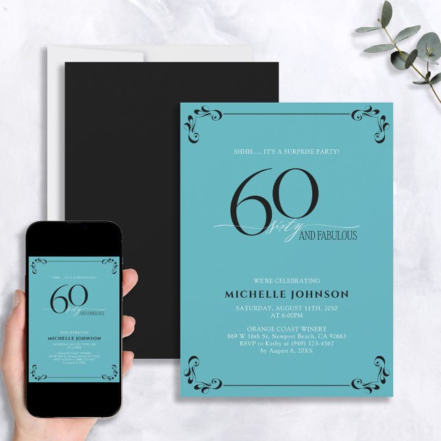 Surprise 60 & Fabulous Turquoise & Black Birthday Invitation (Creator Uploaded)
