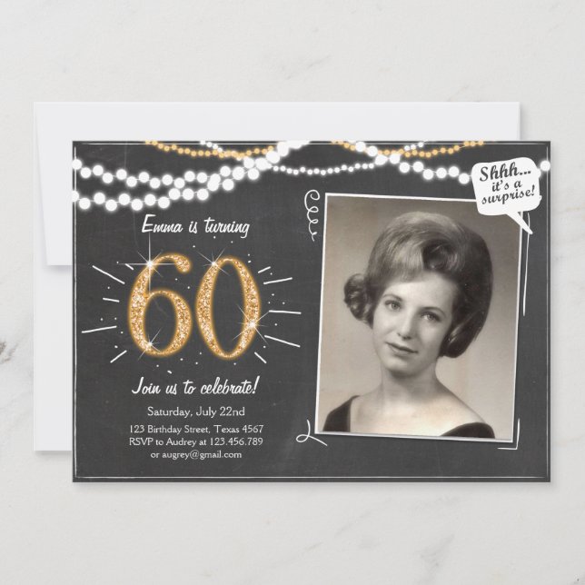 Surprise 60 Sixty Gold glitter Birthday Invitation (Front)