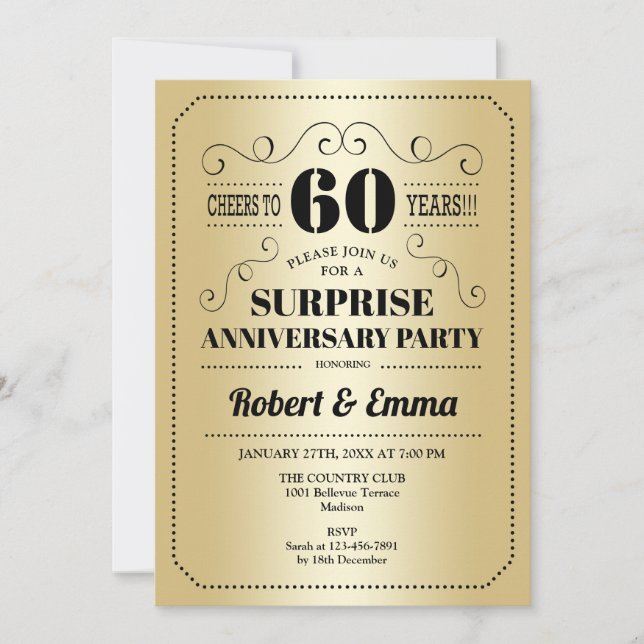 Surprise 60th Anniversary Party - Gold Black Invitation (Front)