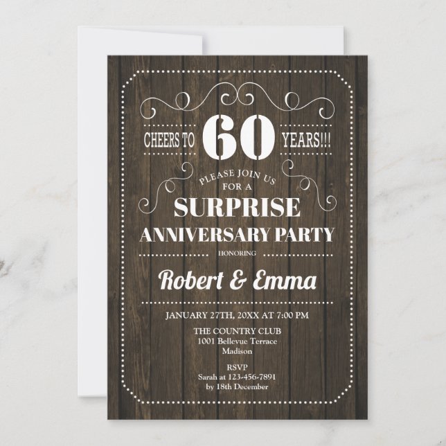 Surprise 60th Anniversary Party - Rustic Wood Invitation (Front)