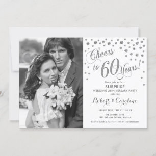 Surprise 60th Anniversary with Photo Silver White Invitation