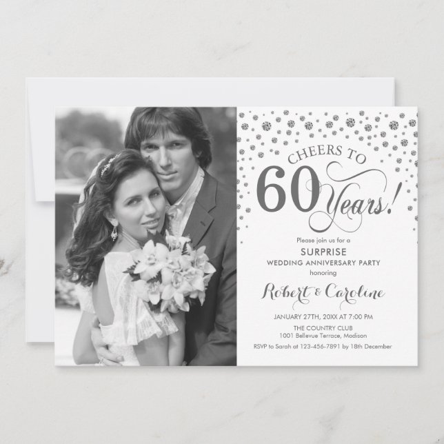 Surprise 60th Anniversary with Photo White Silver Invitation (Front)