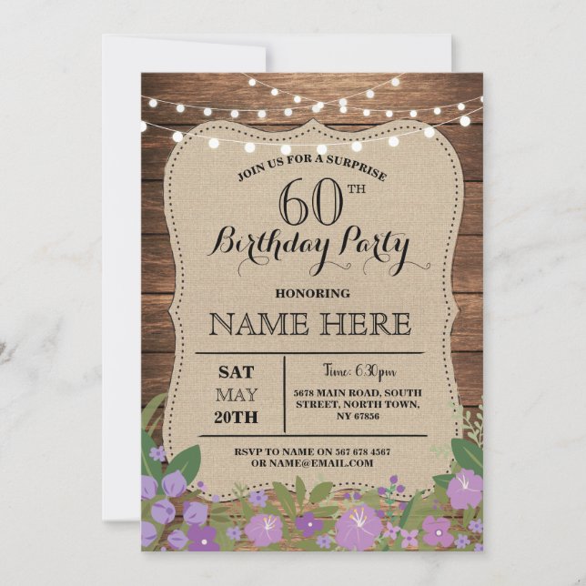 SURPRISE 60th & Any Age Birthday Party Wood Invite (Front)
