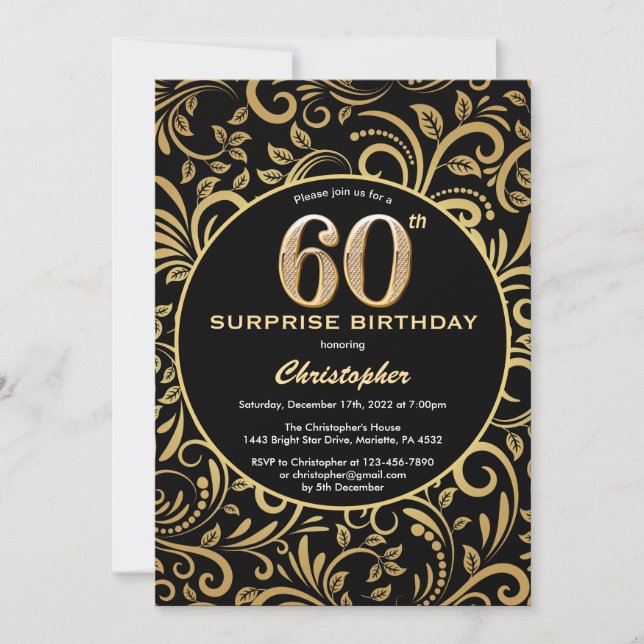 Surprise 60th Birthday Black and Gold Floral Invitation (Front)