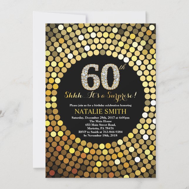 Surprise 60th Birthday Black and Gold Glitter Invitation (Front)