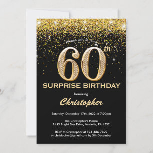 Surprise 60th Birthday Black and Gold Glitter Invitation