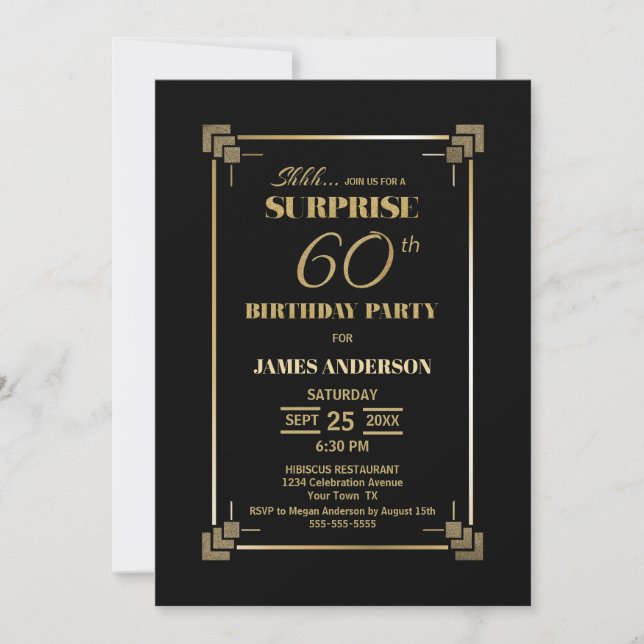 Surprise 60th Birthday Black and Gold Party Invitation (Front)