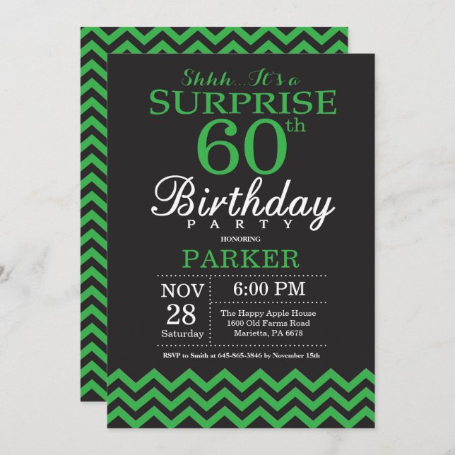 Surprise 60th Birthday Black and Green Chevron Invitation (Front/Back)